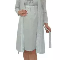 Трикотажний комплект у пологовий халат і нічна сорочка сірий із білим мереживом